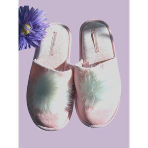 Victorias Secret Pink Velvet Slippers W/ White Faux Fur Pom Size M (7-8)